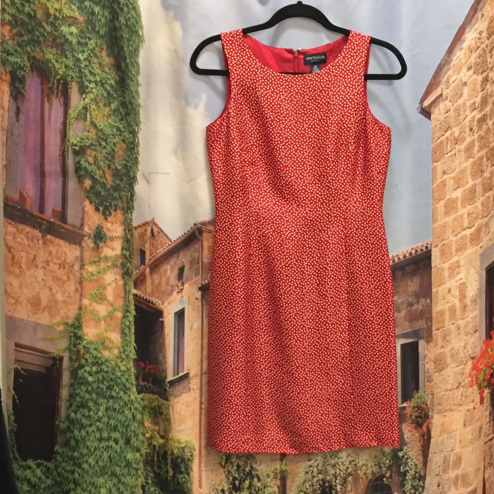 Ann Taylor Women Red Silk Dress, w/cream polka-dots, 4 Petites,